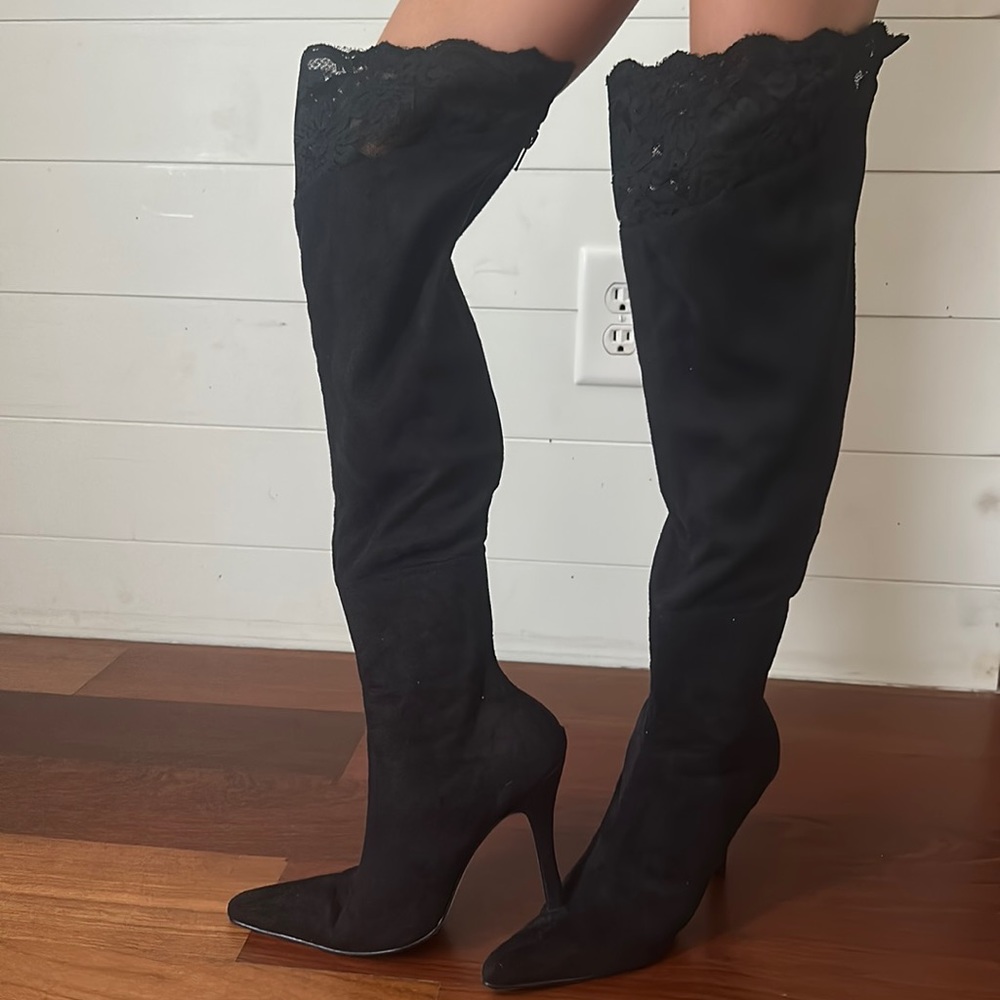 Michael Antonio Women’s Above the Knee Suede Black Boots with Lace Detail, Sz 7
